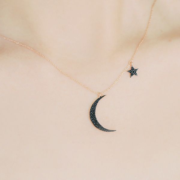 

black rhinestone moon star pendants necklaces female clavicle chain 2020 fashion jewelry necklaces for women girls gift, Silver