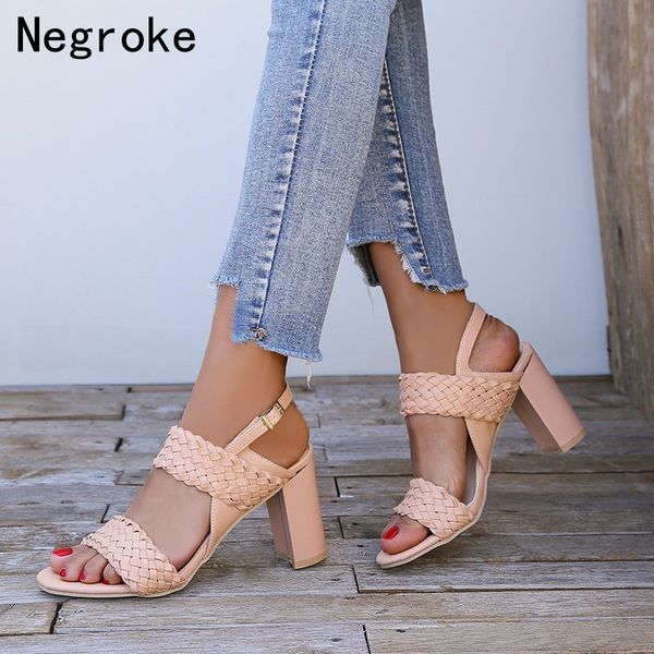 

новое лето женщины площади пятки сандалии дамы pu кожа высоких каблуках сандалии женщина мода женщина обувь sandalias mujer 2020, Black