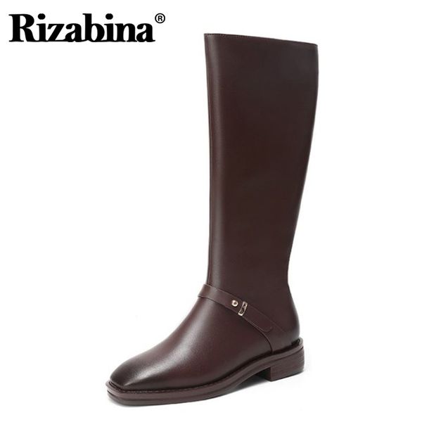 

rizabina real leather women knee boots flats square toe zipper shoes buckle warm boots fashion women party footwear size 35-43, Black