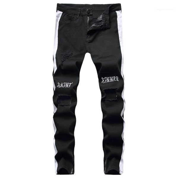 

jeans fashion slim hole panelled jeans casual mid waist pencil pants male clothing designer mens biker, Blue