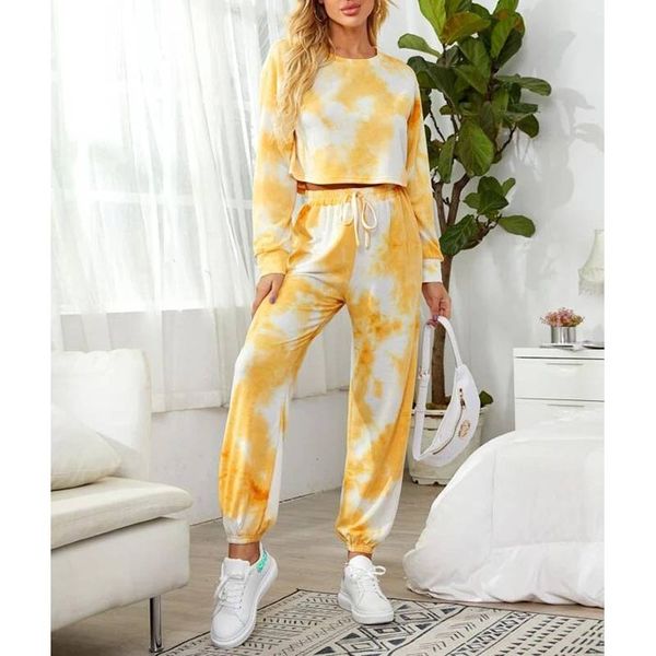 

autumn casual 2 pieces yellow tie dye women set long sleeve + loose trousers outfit sets oversize female suits streetwear, Gray