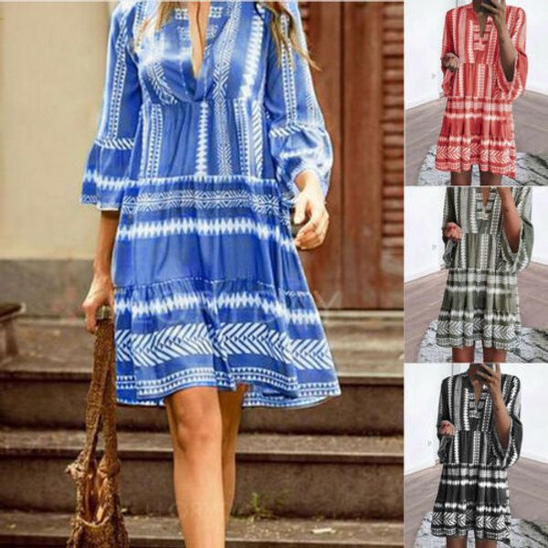 

new women summer boho short v-neck 3/4 sleeve casual dress cocktail party dresses loose sundress hot, Black;gray