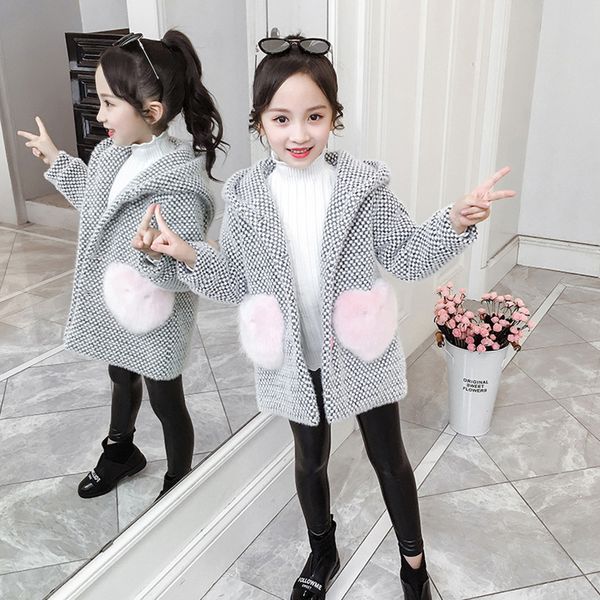 

jackets fall girl woolen coat jacket thicken warm children winter girls cotton hooded casual parkas teen clothing 12 years, Blue;gray