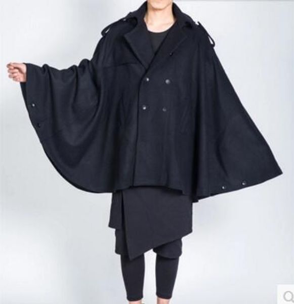 

s-6xl men new loose medium-long woolen cloak hair stylist coat autumn winter plus size thick wool overcoat costumes clothing, Black