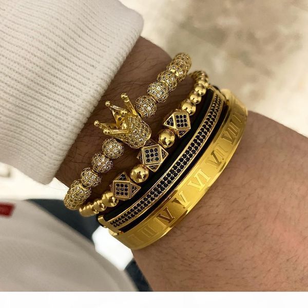 

fashion 4pcs set classical handmade braiding bracelet gold hip hop men pave cz zircon crown roman numeral bracelet luxury jewelry, Black
