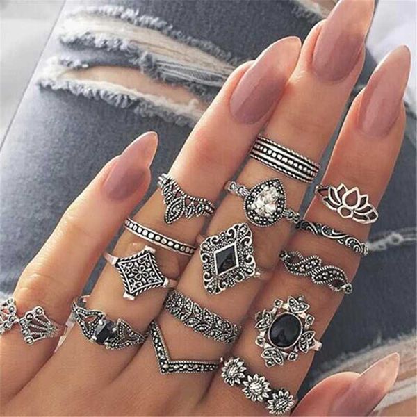

15pcs women fashion anel aneis bague femme stone midi finger rings boho jewelry vintage knuckle ring set, Golden;silver