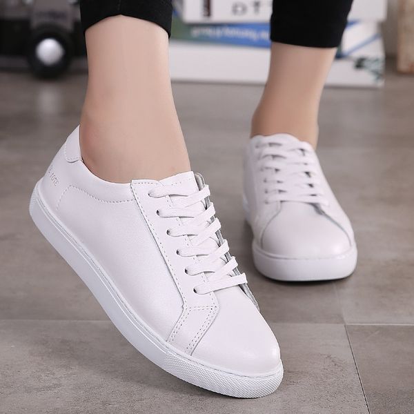 

new spring women genuine leather shoes flat sneakers women shoes low upper lace up white walking j2-48