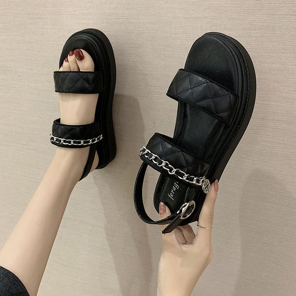 

student chains buckle band slingback women sandals summer elevated shoes women muffins korean open toe flat femmes sandalias2020, Black