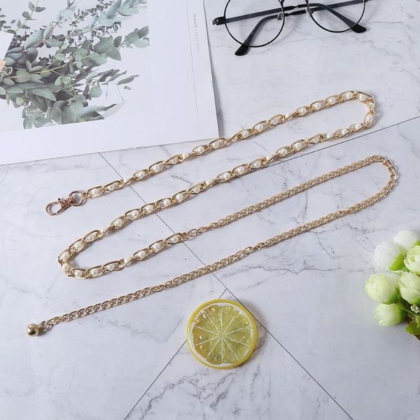 

women metal imitation pearl beads thin waist chain belt adjustable gold chains waistband strap dress accessories decor pxpb, Black;brown