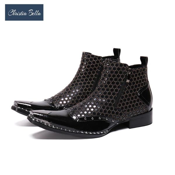 

winter men shoes metal square toe motorcycle real leather boots men party formal boots zipper cowboy short large size, Black