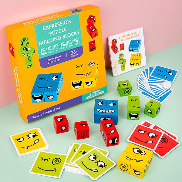 

cartoon face bricks changing cube building blocks children early education logic training thinking challenge level board game kids toys