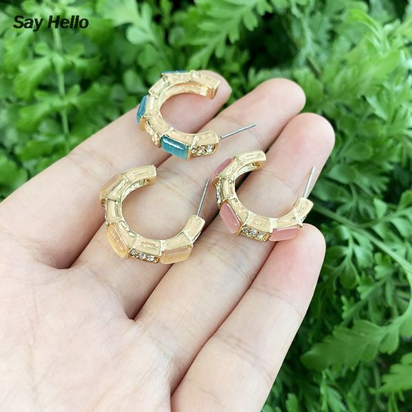

hoop & huggie say hello opal inlaid huggies small earrings elegant boho crystals wide square minimal charming femme brinco k6136, Golden;silver