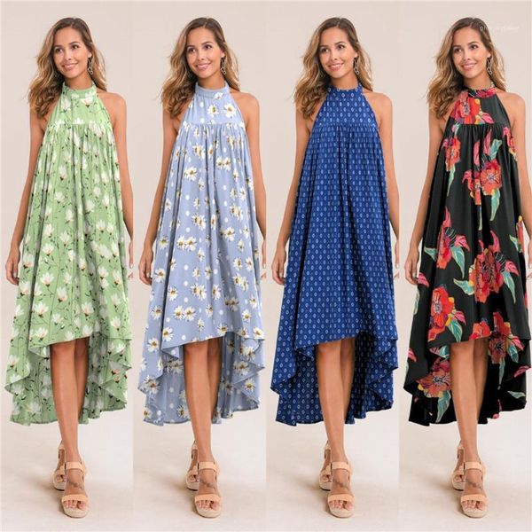 

designer irregular dresses holiday backless sleeveless dress 2020 women summer floral printed dress ladies, Black;gray