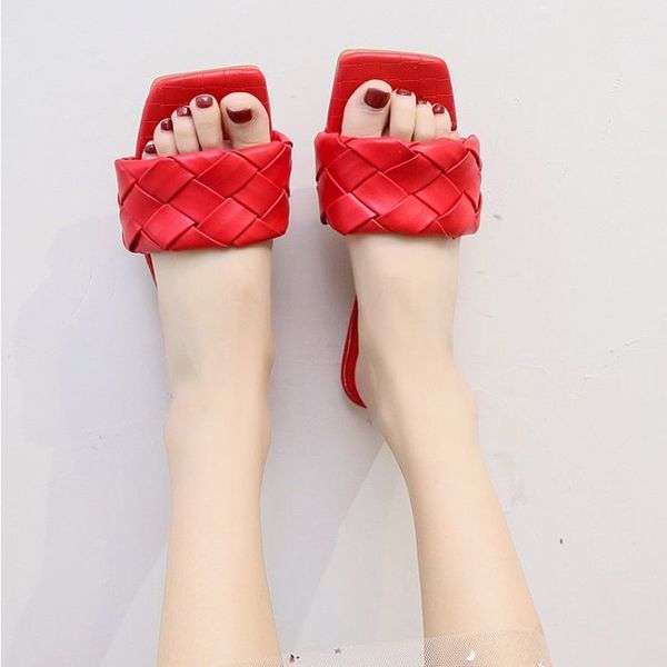 

2020 brand slippers woven leather women sandal open toe flat casual slides valentine summer outdoor beach shoe female flip flops, Black