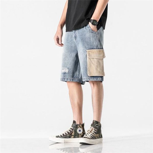 

knee length mens splice denim shorts summer loose with pocket beach short pants male, White;black