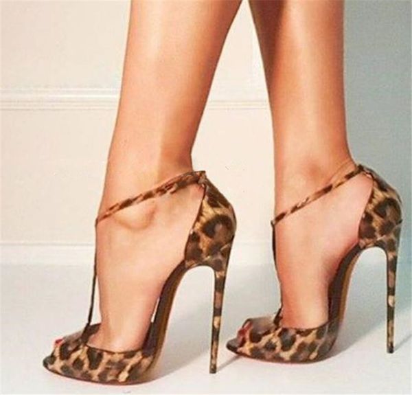 

leopard print narrow band stiletto heels t-strap sandals pumps women fish toe mixed color dress party wedding shoes woman, Black