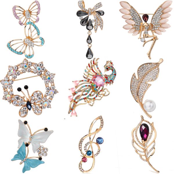 

fashion leaves feathers music angel butterfly bouquet crystal brooch pins for women exquisite gift brooch wedding/party jewelry, Gray