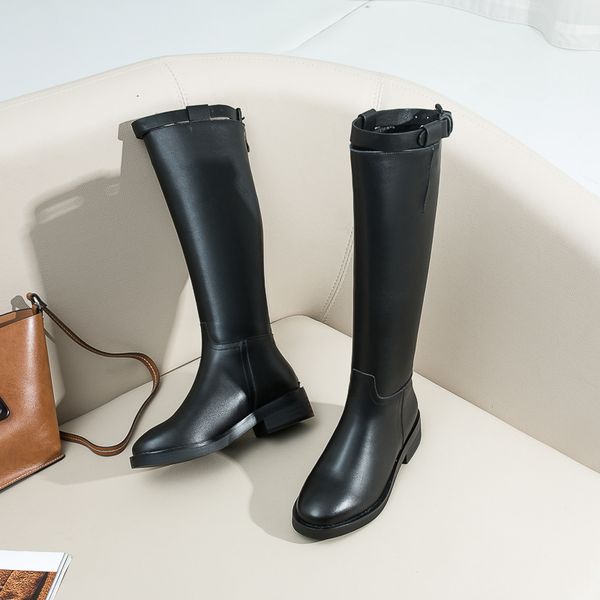 

women knee high boots high heels rouned toe party shoes woman cow leather ladies warm autumn winter boots size 41 42 43, Black