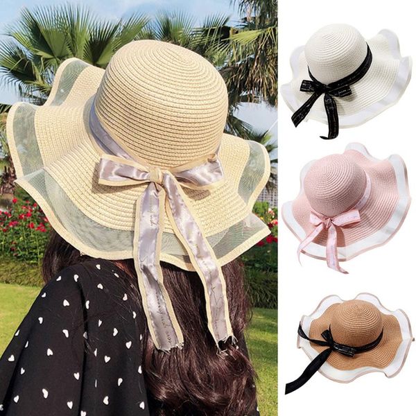 

ladies summer straw floppy sun hat mesh patchwork wavy wide brim ribbon bowknot elegant sunscreen beach cap with chin strap, Blue;gray