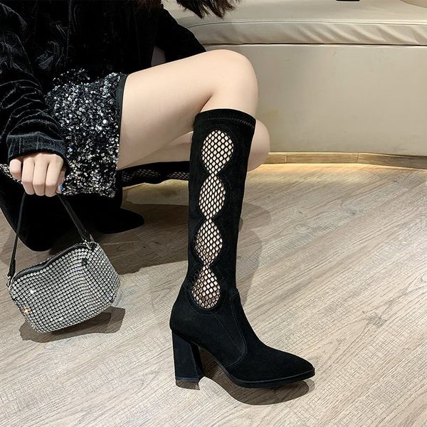 

breathable mesh loog boots pointed toe suede knee boots women botas mujer thick heels pumps women high heels knee-high new, Black