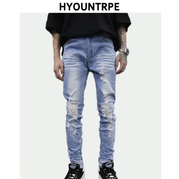 

men's stretchy ripped holes jeans skinny biker destroyed taped jeans slim fit black blue denim high street pants 2020 autumn new