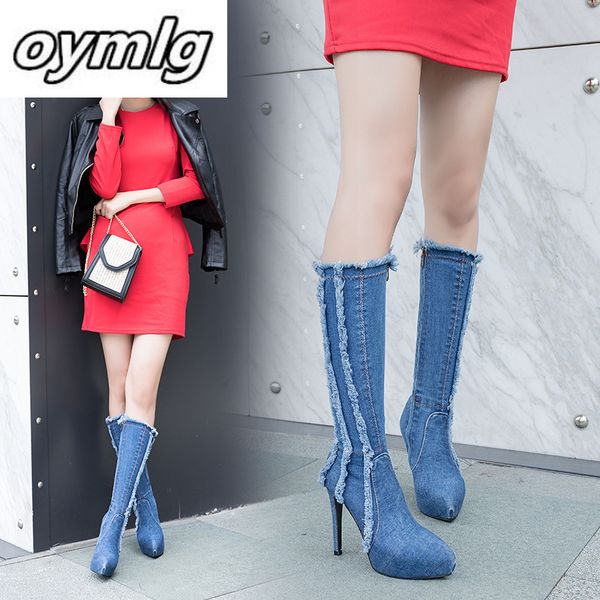 

stretch denim high heel boots women 2020 autumn winter new foreign side zipper boots mujer super high heel 12cm women boot, Black