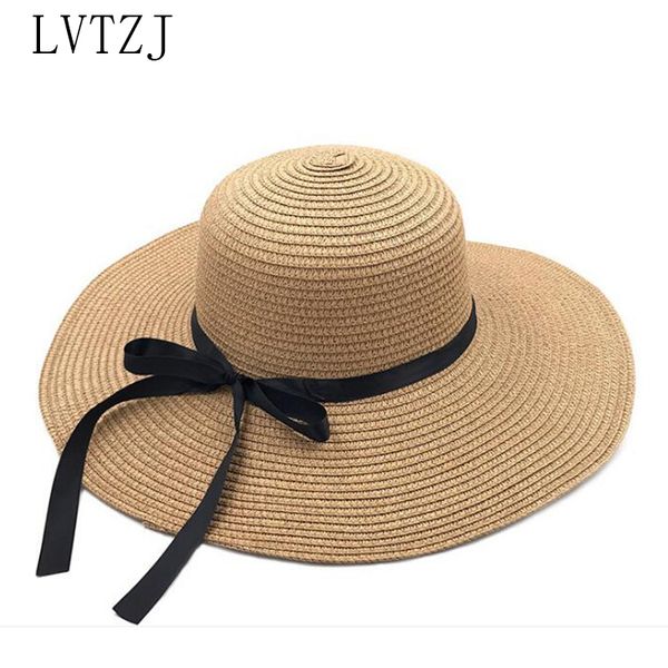 

new 2020 round raffia wide brim straw hats summer sun hats for women girl with leisure beach lady flat gorras, Blue;gray