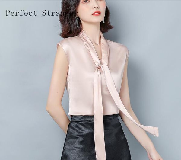 

plus size -3xl elegant style loose cool bowknot tie sleeveless women satin blouse, White