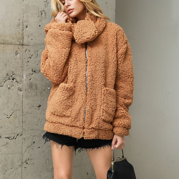 

women tied collar casual fashion warm faux fur sherpa coat jacket, Black