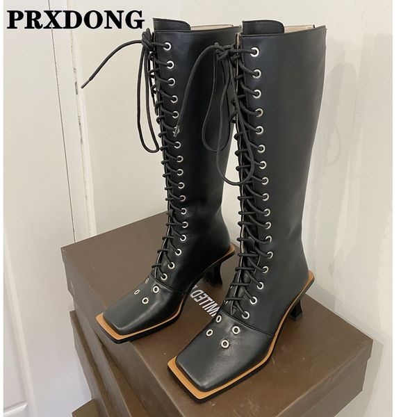 

new brand women knee high boots autumn winter genuine leather + microfiber shoes woman cross-tied thick high heels long boots 40, Black