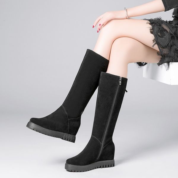 

female knee high boots wedge women suede leather knee winter boots comfortable women long shoes 2020 new, Black