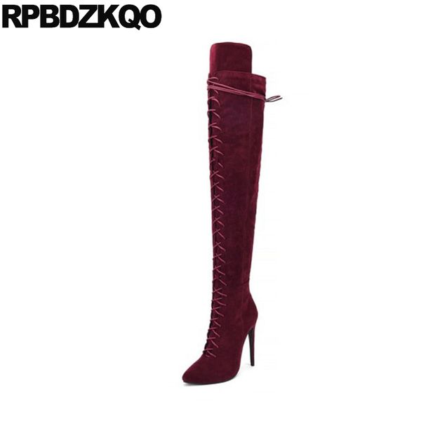 

длинный высокие сапоги для плюс размера женщины над коленным вином красных пятками заостренного носок экстремальной обувь фетиш 10 большим т, Black