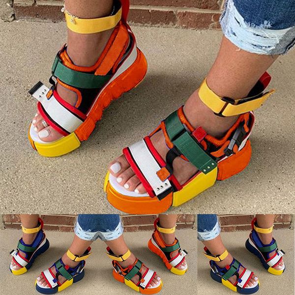 

2020 platform sandals women summer handmade flat sandals mixed color rome casual shoes plus size 35-43, Black