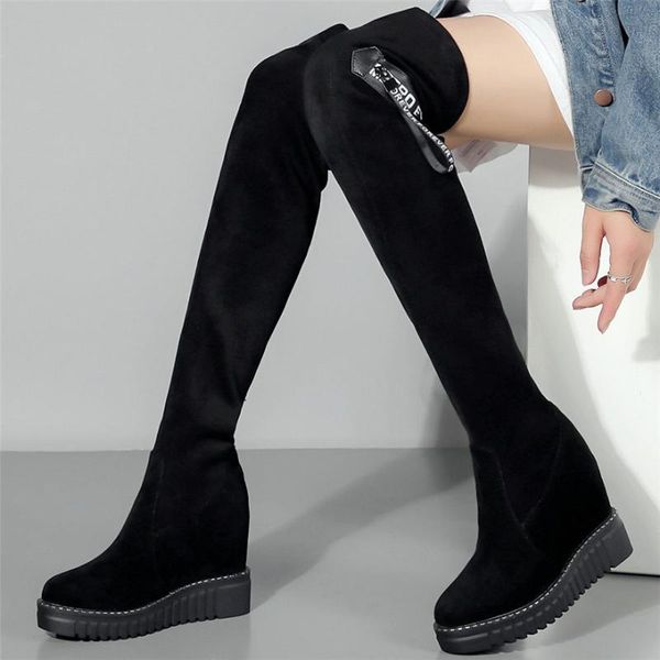 

winter fashion sneakers women genuine leather high heel over the knee high boots female wedges platform pumps shoes new, Black
