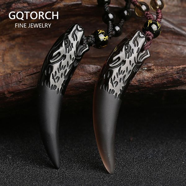 

natural stone black and ice obsidian pendant necklace wolf tooth amulets and talismans couple necklace for women and men y200810, Silver