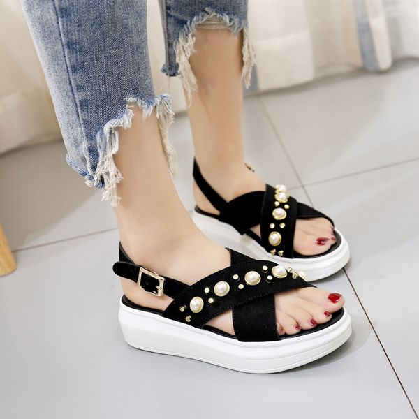 

pearl real leather women's sandals 2020 thick bottom pine cake casual student lace black