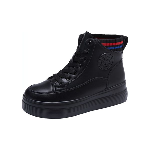 

boots winter fashion platform leather women's plus velve warm flat lace solid sneakers snow cotton sports shoes, Black