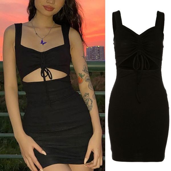 

casual dresses women sleeveless v-neck ruched drawstring front cutout black bodycon dress, Black;gray