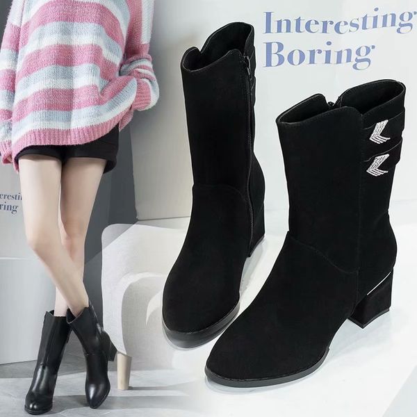 

stretch boots casual all match heels shoes pure microfiber simple fashion pointed toe mid-calf women boots, Black