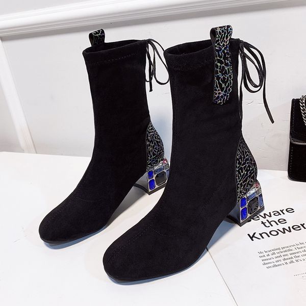 

aq507 women autumn winter boots 2020 new suede mid-calf stretch boots fashion square toe block heel botas mujer, Black