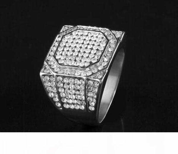 

sale men's stainless steel square ring bling bling rhinestone crystal silver gold color punk rings fashion hip hop jewelry drop shi, Golden;silver