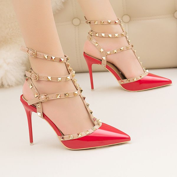 

new fashion european and american style stiletto heels patent leather metal rivets hollow roman fashion sandals, Black