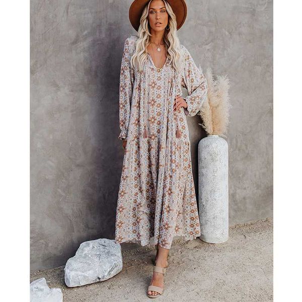

quality elegant bohemian printed v-neck long sleeve dress women 2020 autumn casual expandable party lady british style dresses, Black;gray