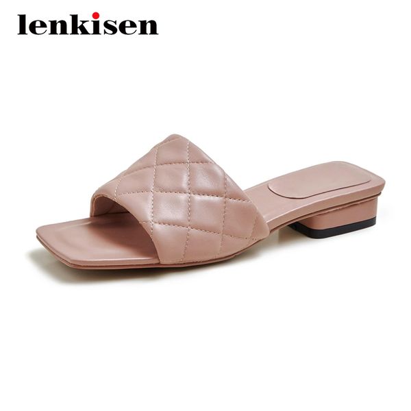 

lenkisen new arrival leisure gingham square toe low square heels beauty lady daily wear slip on summer slipper l52, Black