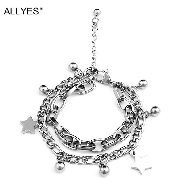 

allyes stainless steel multilayer chain bracelets for women fashion star beads ladies bohemian charm bracelet female jewelry, Golden;silver