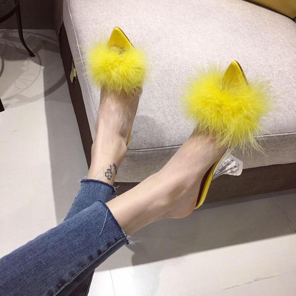 

women trendy pointed toes high heel fuzzy ball decorated pvc clear non-slip wine-glass shape heels party simplicity shoes pumps, Black