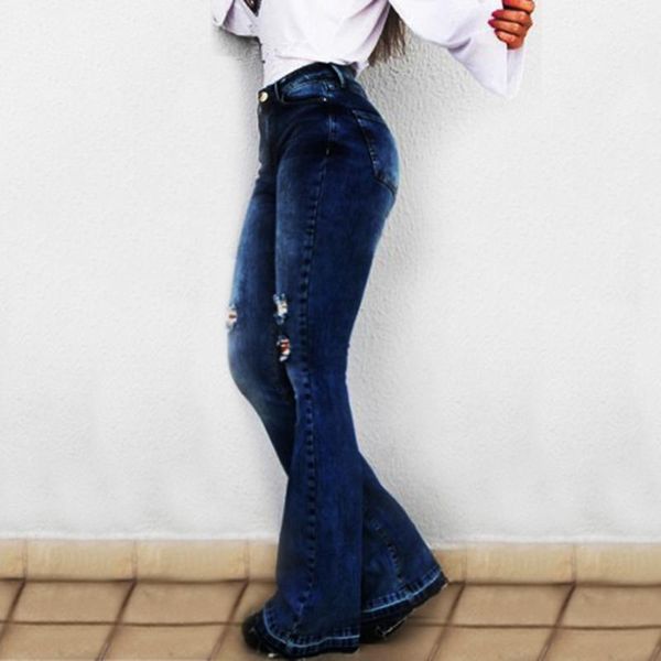 

women's skinny high waist pocket wide leg jeans casual flared hole trousers wide leg pants 7.4, Blue