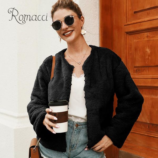 

fashion winter coat women fluffy pure faux fur coat collarless o neck long sleeve concealed buttons casual fake fur jacket women, Black