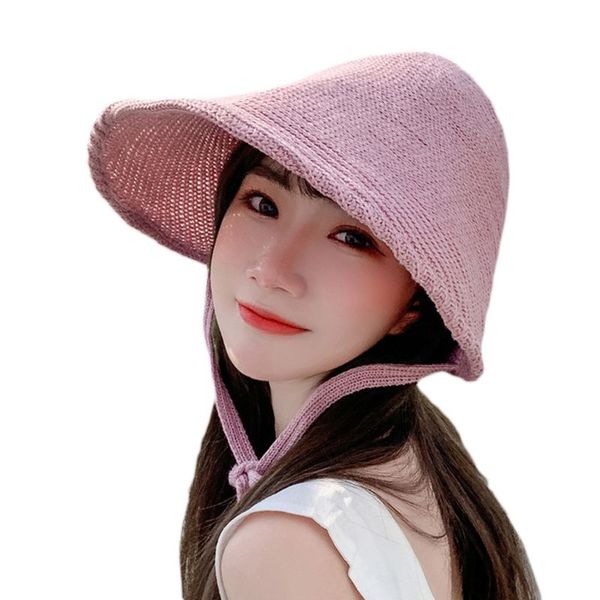 

korean women witch knitted bonnet sun hat linen weave large wide brim uv protection fisherman cap with ribbon strap, Blue;gray