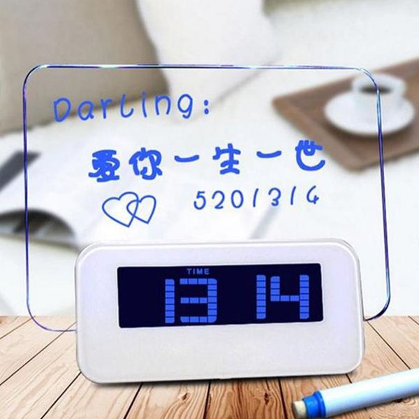 

unqiue led multifunctional fluorescent memo board backlight clock fashionable
